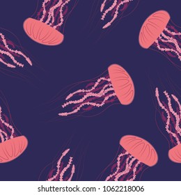 Pink jellyfish pattern. Detailed sea jelly blue background. Vector illustration