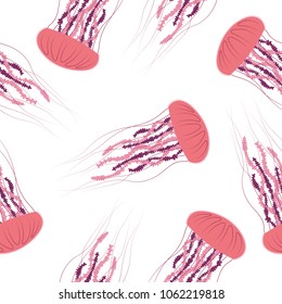 Pink jellyfish pattern. Detailed sea jelly white background. Vector illustration