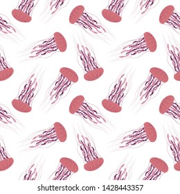 Pink jellyfish pattern. Detailed sea jelly blue background. Vector illustration