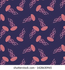 Pink jellyfish pattern. Detailed sea jelly blue background. Vector illustration.