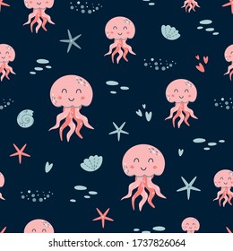 Pink jellyfish pattern on dark blue background. Girls nautical seamless pattern Cute sea animals print. Girly vector