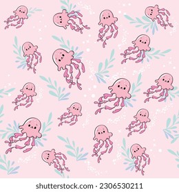 Pink jellyfish seamless pattern on a pink background. Vector illustration isolated on white background. Print for children's T-shirt, pajamas