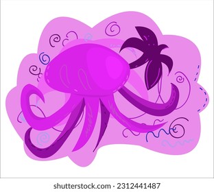 A pink jellyfish, swimming smoothly in a romantic lilac underwater. This cartoon vintage illustration can be used as a logotype for sea, zoo, tourist and creative organizations. Vector, isolated.