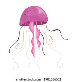 Pink jellyfish with tentacles is isolated on white background. Dangerous flying jellyfish, a marine animal that lives the oceans and seas. Vector illustration in cartoon style