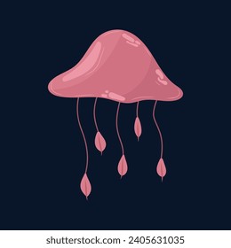 Pink jellyfish vector illustration on black isolated background. Flat style. For prints, postcards, posters.