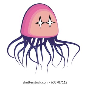 Pink jellyfish with violet tentacles and sparkling eyes vector illustration