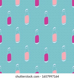 pink juice bottles seamless vector pattern on blue