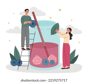 Pink juice concept. Man and woman make delicious drink from natural and organic products. Raspberry and blueberry. Healthy food and vegetarianism. Poster or banner. Cartoon flat vector illustration