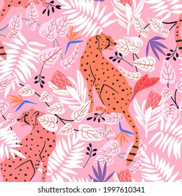 Pink jungle cheetah pattern, vector seamless pattern, bold modern illustration, wild cats with tropical florals