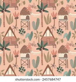 Pink jungle seamless pattern. Cute palm tree, big banana leaves, cabins, rainforest house hemlock. Summer vector print, wallpaper repeat background. Hand drawn tropical plants botanical textile design