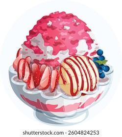 Pink Kakigori with Sliced Strawberries, Blueberries and Vanilla Ice Cream Scoop. Japanese Shaved Ice Dessert Served in Footed Glass Bowl. Summer Refreshing Treat Detailed Illustration.