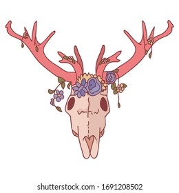 Pink kawaii cartoon deer skull animal illustration. Cute girly doe with flower antler. Childish hand drawn doodle style. For baby nursery decor, boho kids fashion, trendy doodle woodland graphic.