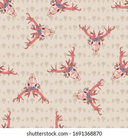 Pink kawaii cartoon deer skull animal seamless pattern. Cute girly doe with flower antlers background. Childish hand drawn doodle style. For baby nursery decor woodland textile. 