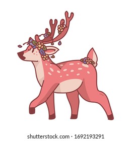 Pink kawaii cartoon stylized stag animal illustration. cute girly doe with flower in antlers. Childish hand drawn doodle style. For baby deer nursery decor, boho kids fashion, trendy doodle woodland .