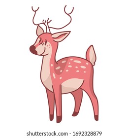 Pink kawaii cartoon stylized stag animal illustration. cute girly doe with antlers. Childish hand drawn doodle style. For baby deer nursery decor, boho kids fashion, trendy doodle woodland .