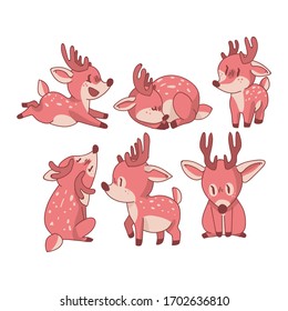 Pink kawaii deer animal vector set illustration. Pink girly doe with flower crown. Childish hand drawn doodle style. For baby nursery decor, boho kids fashion, trendy doodle woodland graphic design