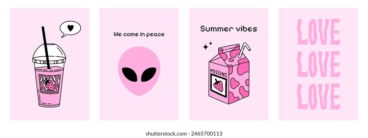 Pink Kawaii Hand Drawn Summer Posters. Set of Y2K prints in naive style. Illustrations with strawberry milk, milkshake, alien and love for printing on T-shirts, notebooks, sketchbooks. Jelly art