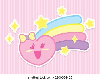 Pink Kawaii Happy Heart With Colorful Rainbow And Stars Illustration Vector