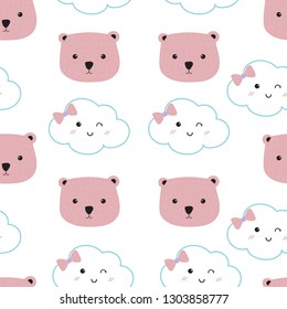 Pink kawaii seamless pattern with cloud and bear