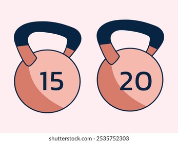 Pink kettlebells of fifteen and twenty kilograms. Gym, strength, training, sport. Vector illustration