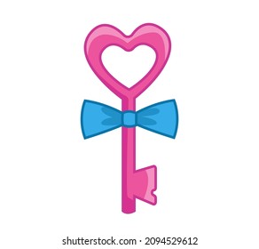 Pink key from the fairy with a blue bow. Vector illustration of a princess accessory in cartoon childish style. Isolated cute clipart on a white background. Colored art with an outline