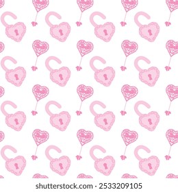 Pink key and lock in the shape of hearts. Concept of strong love. Illustration for Valentine's Day, wedding. Seamless pattern on white background.