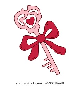 Pink key unlocking heart lock in a coquette aesthetic. Festive element for Valentine's Day. Vector illustration in doodle style for decoration, stickers, invitations, diaries and scrapbooks.
