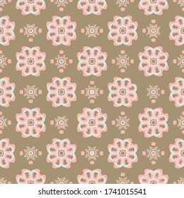 Pink khaki Indian block print abstract floral seamless vector pattern background with stylised flowers for fabric, wallpaper, scrapbooking projects. Surface pattern design.