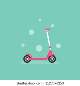 Pink kick scooter or balance bike icon. Flat push scooter on turquoise background. Vector illustration. Eco transport symbol. Healthy journey. Ecology. Go green. Hipster. Kid funny toy.