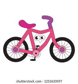 Pink kid girl bicycle funny smiley cartoon. Outlined illustration with thin line black stroke