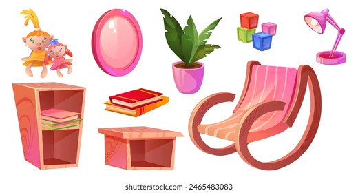 Pink kid girl room interior and furniture cartoon vector. Girly house decor with mirror, bookcase, chair and flowerpot. Isolated cute shelf with book stack element. Playroom design with doll and cube