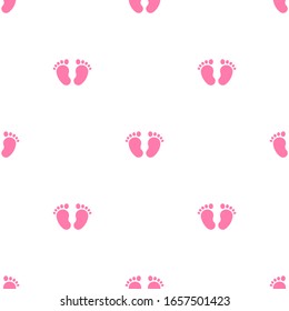 Pink kids or baby feet and foot steps seamless ornament. New born, pregnant or coming soon child footprints. Vector illustration isolated on white. Pattern, wrapping, fabric print 