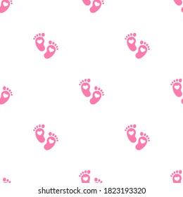 Pink kids or baby feet and foot steps seamless ornament. New born, pregnant or coming soon child footprints. Vector illustration isolated on white. Pattern, wrapping, fabric print 