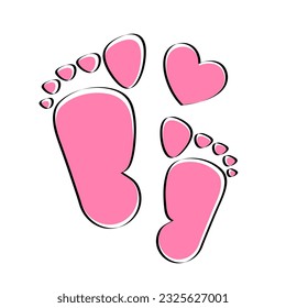 Pink kids or baby feet and foot steps with heart. New born, pregnant or coming soon child footprints. Vector illustration isolated on white.