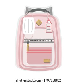 Pink Kids New Normal Back To School Backpack With Hanging Medical Face Mask, Hand Sanitizer, Pocket And Zipper Flat Design On White Background  