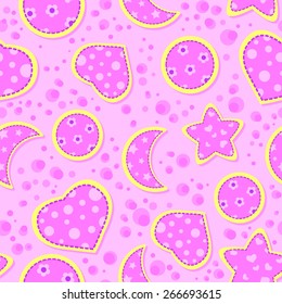Pink kids seamless pattern with hearts, stars, moons, circles