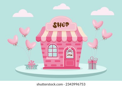 Pink kiosk shop. Doll house. Glamour trade tent with present boxes and heart shaped balloons. 