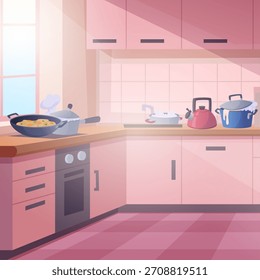 Pink kitchen. home interior background of kitchen and different utensils for preparing cooking food