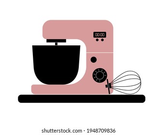 Pink kitchen mixer with black bowl and whisk. Simple vector illustration