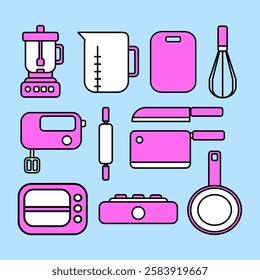 Pink kitchen tools element set design, colorful kitchen element set