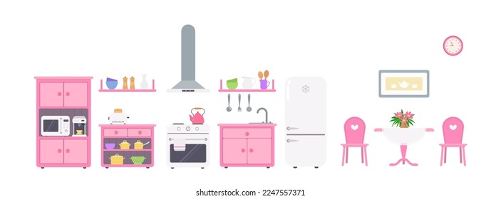 Cocina rosa con utensilios, electrodomésticos y mesa de comedor sobre fondo blanco. El concepto de la casa de muñecas. Caricatura de estilo plano. Ilustración del vector