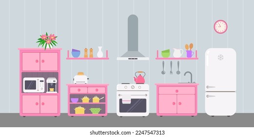 Pink kitchen with utensils and kitchen appliances. Doll house interior concept. Cartoon flat style. Vector illustration