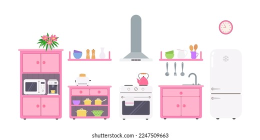 Cocina rosa con utensilios y electrodomésticos de cocina sobre fondo blanco. El concepto de la casa de muñecas. Caricatura de estilo plano. Ilustración del vector
