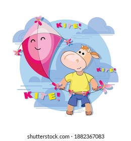 Pink kite. Calf flying kite. Flat kite icon. Red kite in the sky. Makar Sankranti festival.