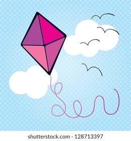 Pink Kite flying in the sky of spring. On blue background