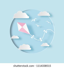 Pink Kite With White Clouds And Birds In The Sky. Paper Cut Out Style. Carving Art. Vector Illustration