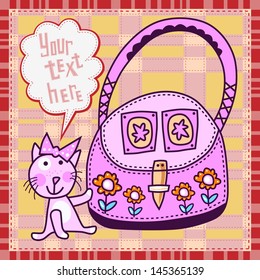 Pink kitten with a bow on her head sitting next to a huge bag. One foot she holds on to her bag. Painted flowers on the bag. Over the kitten box for your text. Background images checkered pink sand.