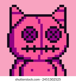 Pink kitten with button eyes pixel art cat animal character, avatar, cartoon vector icon, game user web profile, 8-bit, social net pet portrait, minimalistic fashion, vector cryptoart background.