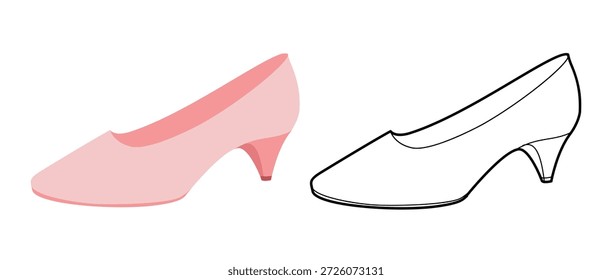 Mulher de salto de gatinho rosa sapato de bomba de salto liso mais conjunto de linha. Fechado dedo vestido sapato, viagem, trabalho confortável olhar. Ilustração de moda técnica, maquete CAD, homens vetor misto estilo elegante isolado unisex.
