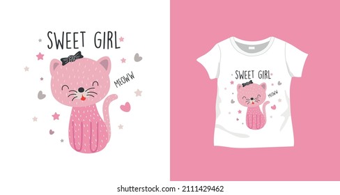 Pink kitten with slogan and pattern for design print.